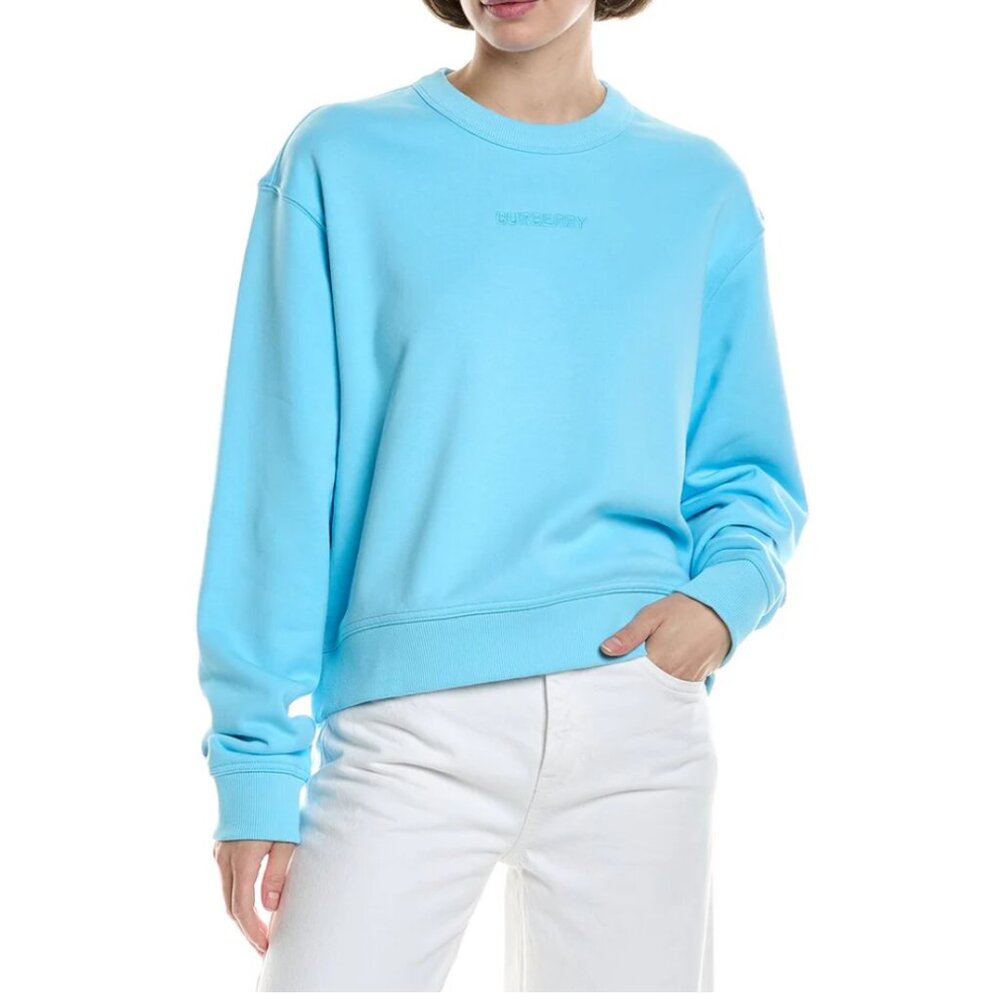 Brand new Burberry Embroided Crop Bright Topaz Blue Cotton Sweatshirt